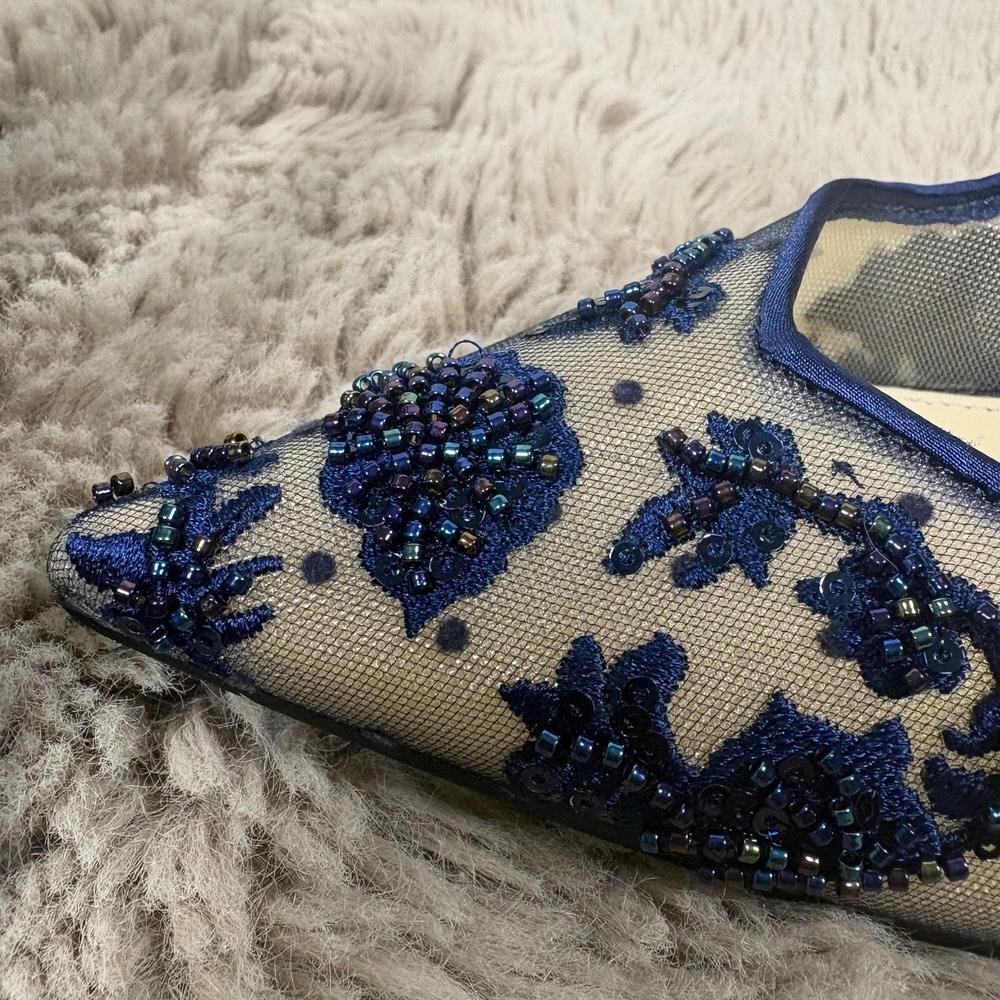 Betsey Johnson SB-NIKKI Navy Blue Beaded Mesh Slingback Kitten Heel Pumps 9M - Picture 3 of 10